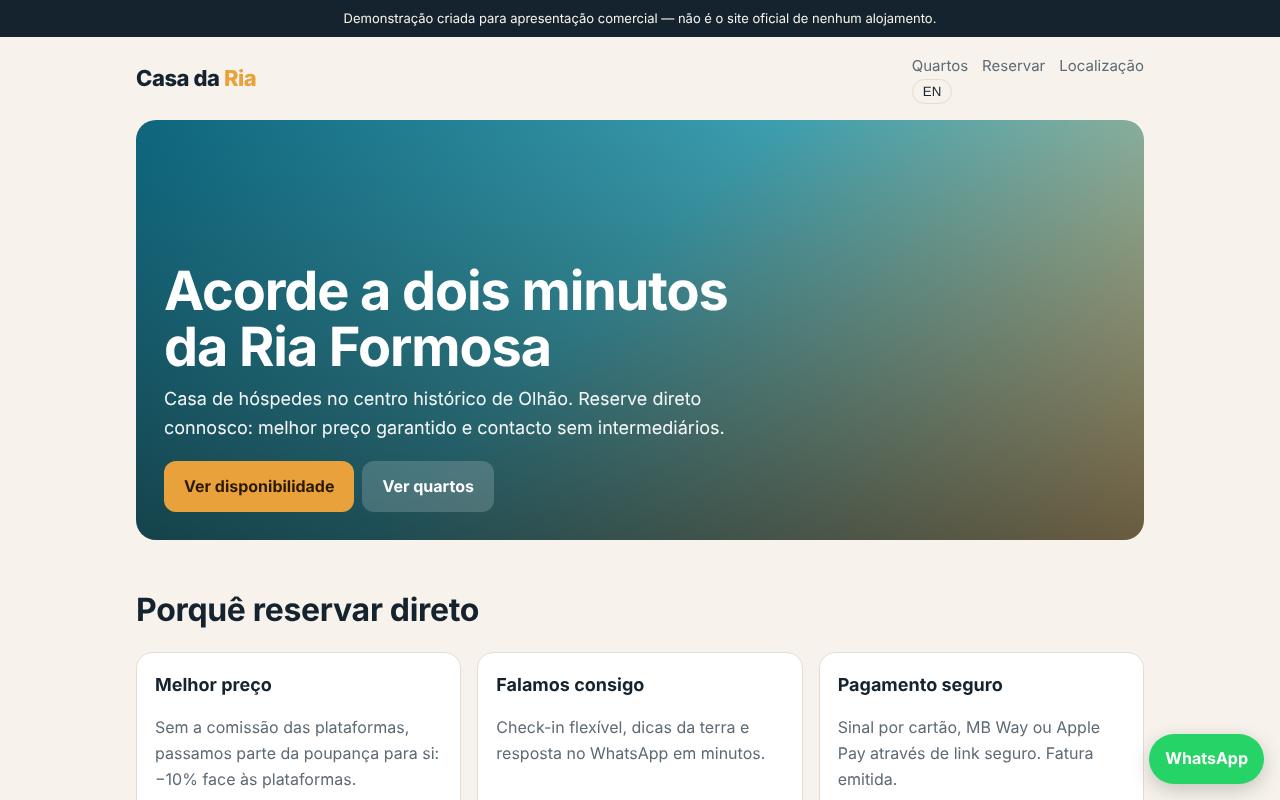 Demonstração de site de reservas diretas para uma casa de hóspedes fictícia