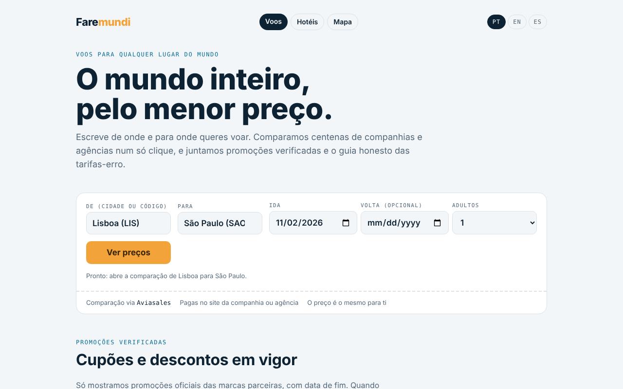 Página inicial do Faremundi com pesquisa de voos