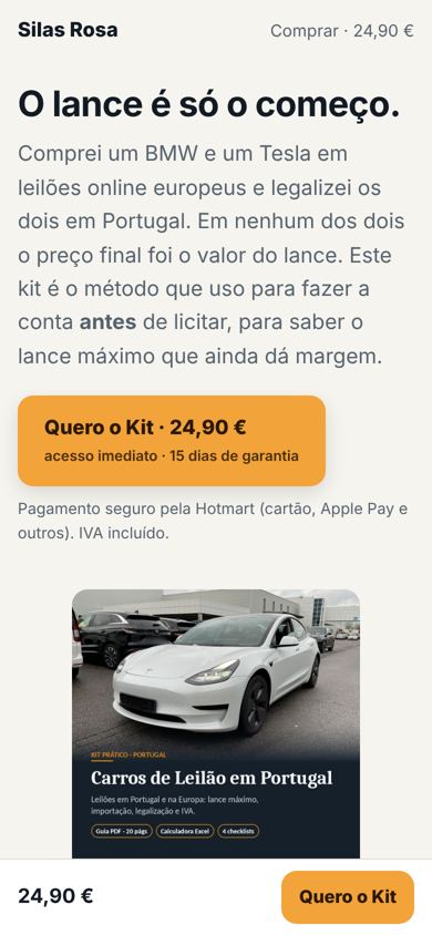 Página de venda do Kit Leilão no telemóvel