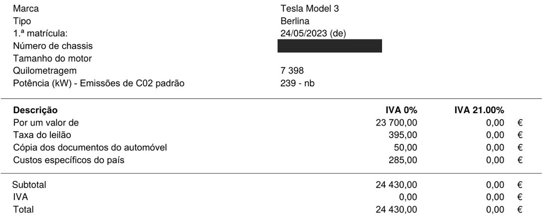Fatura do leilão do Tesla Model 3 com lance, taxa, documentos e custos do país